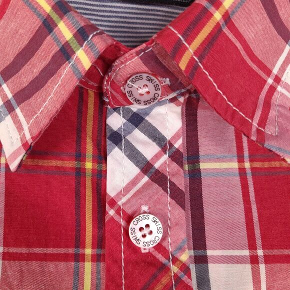 Swiss Cross Shirt Mens Medium Red Plaid Button Down New York Short Sleeve Preppy - Picture 4 of 16